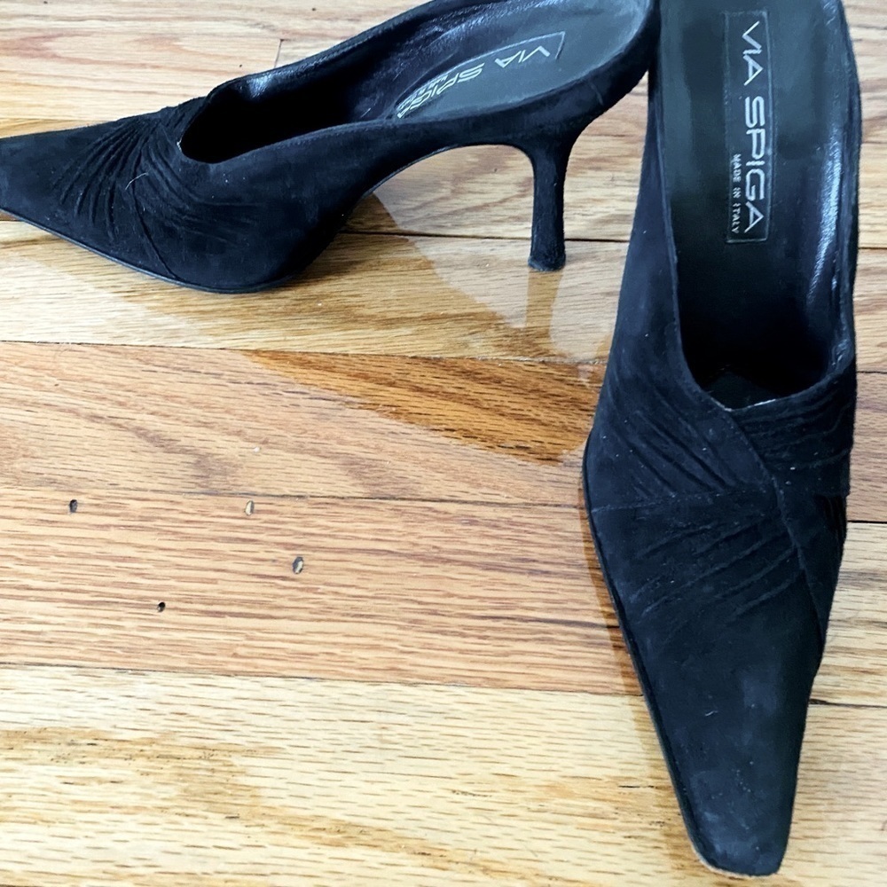 Via Spiga black heels /mules. Faux Suede. Size 8. 4 inch heels. EUC.